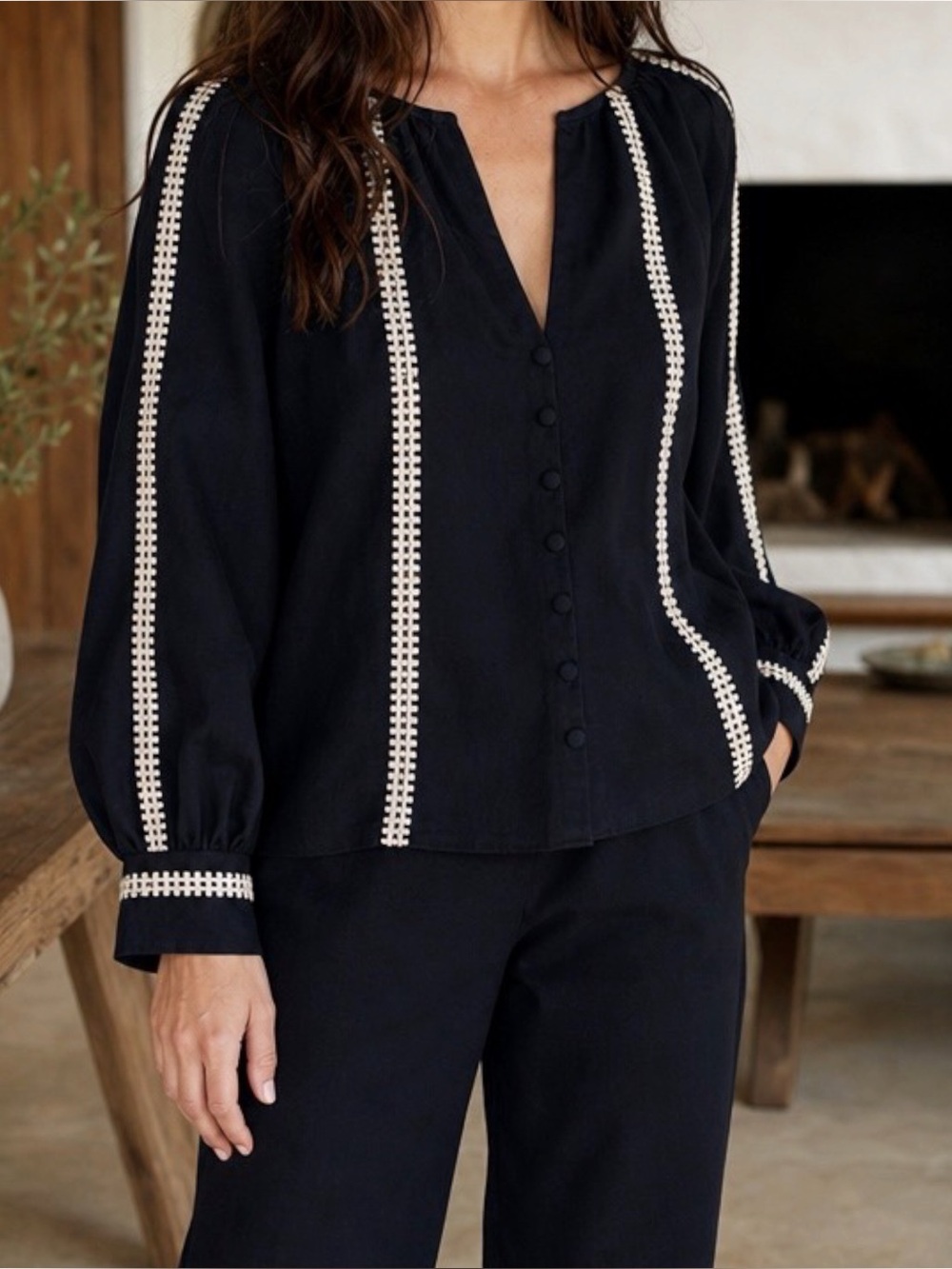 SÉZANE Roma Oversized Cotton/Linen Blouse, Black Ecru, FR34/US2